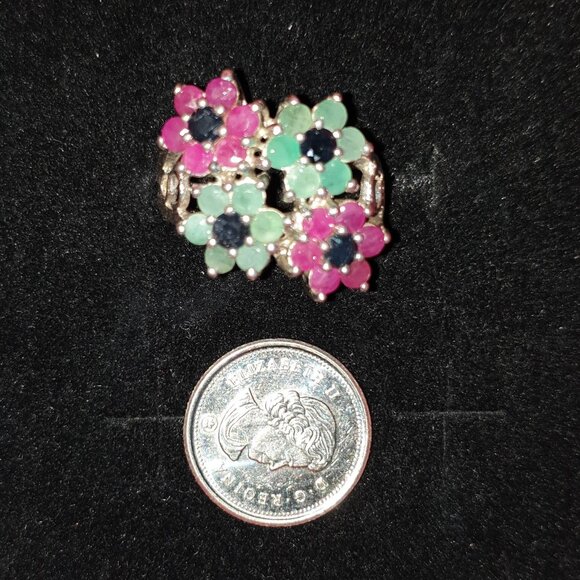 One-of-a-Kind Vintage Natural Emerald, Ruby & Sapphire 925 Silver Statement Ring - Picture 10 of 14